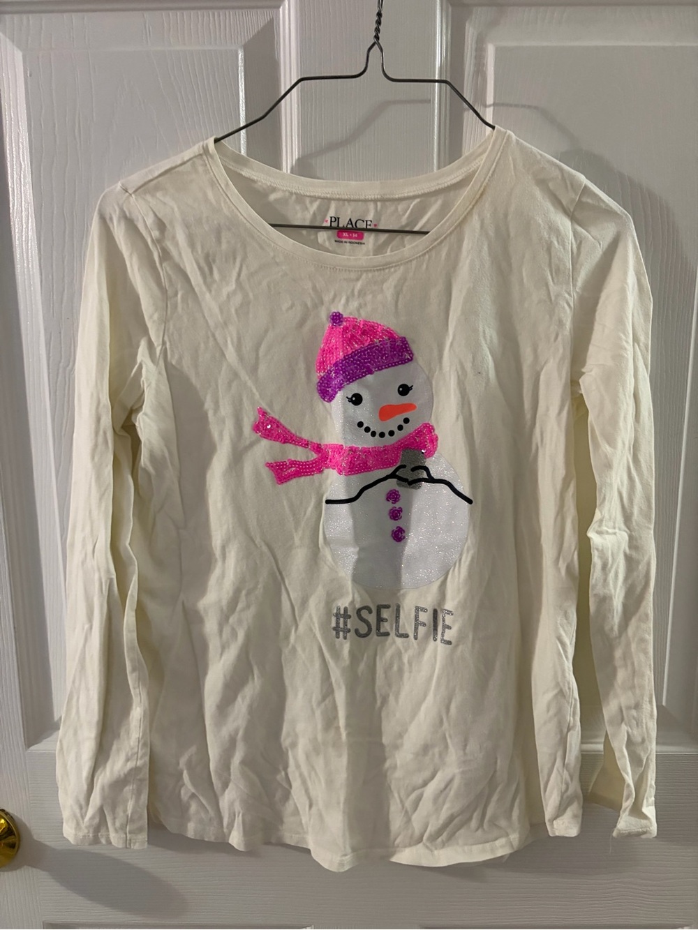The Children's Place Cream Long-Sleeve Tee with Pink Glitter Snowman